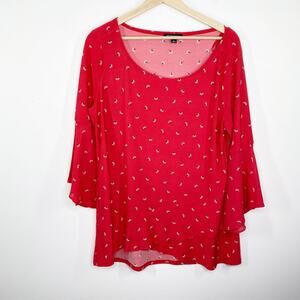 Roz & Ali Blouse Women XL Red Floral Print 3/4 Bell Sleeve Stretch Feminine